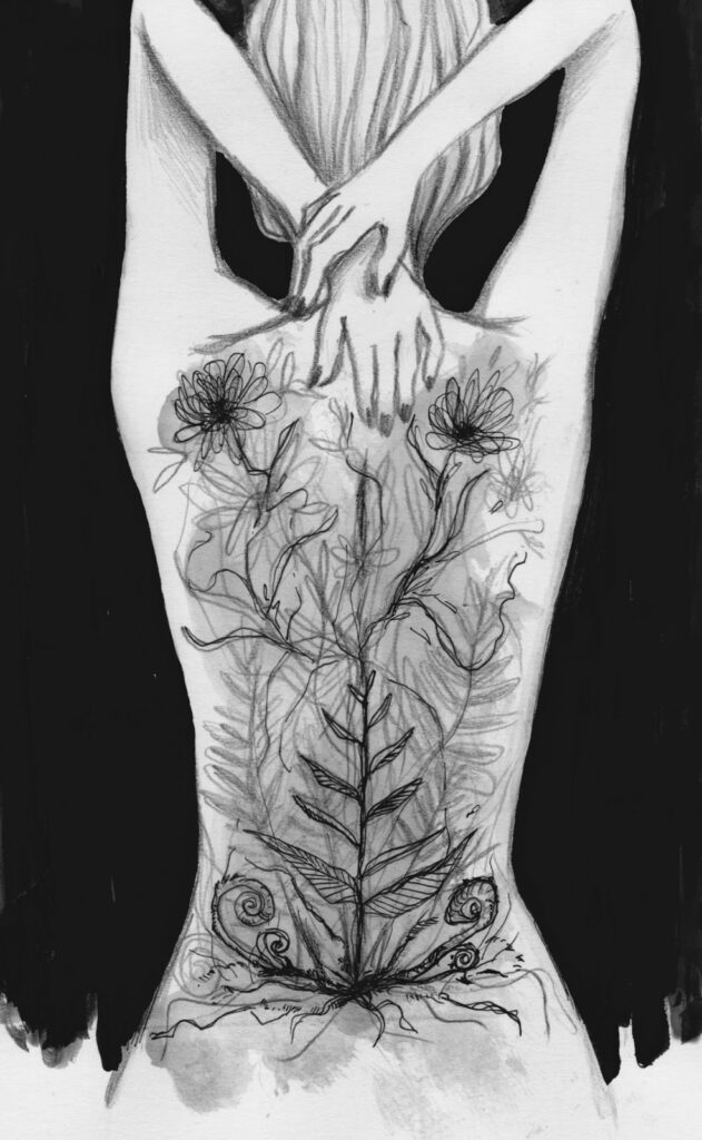 Tusche Illustration Frau mit Pflanzenranken Tattoo